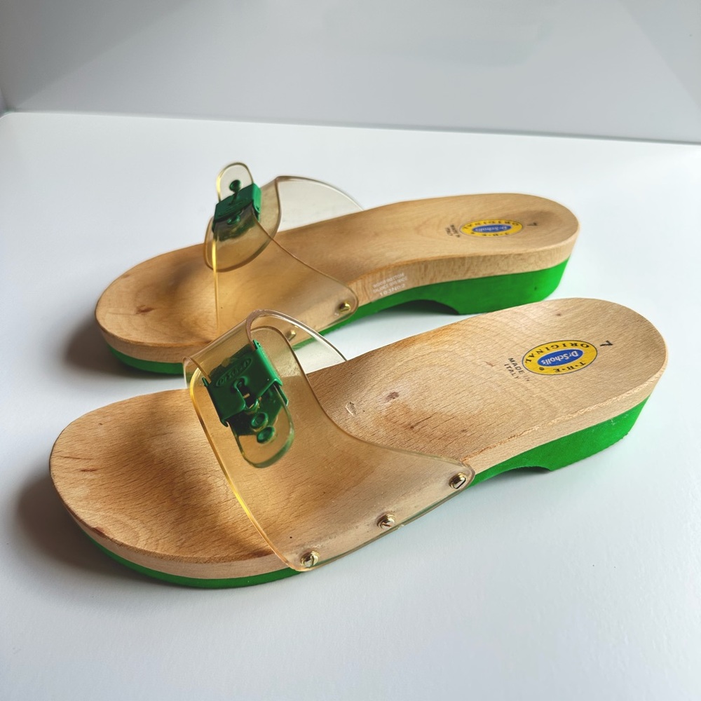 Vintage Dr. Scholl's wooden clog / shoe slides GREEN